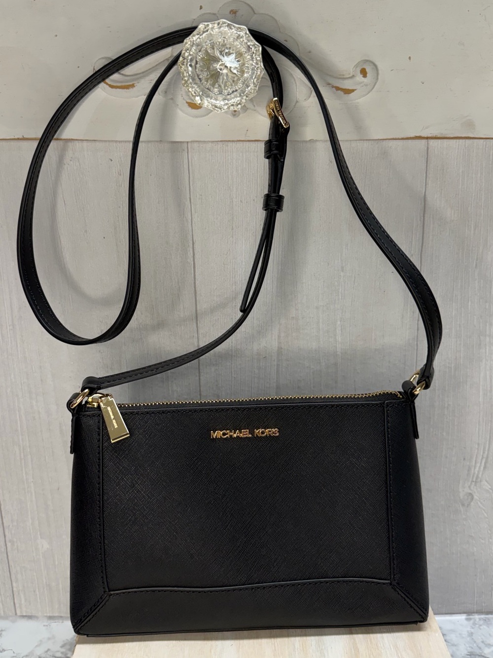 Michael Kors Black Saffiano Jet Set East West Crossbody Purse with Gold Hardware